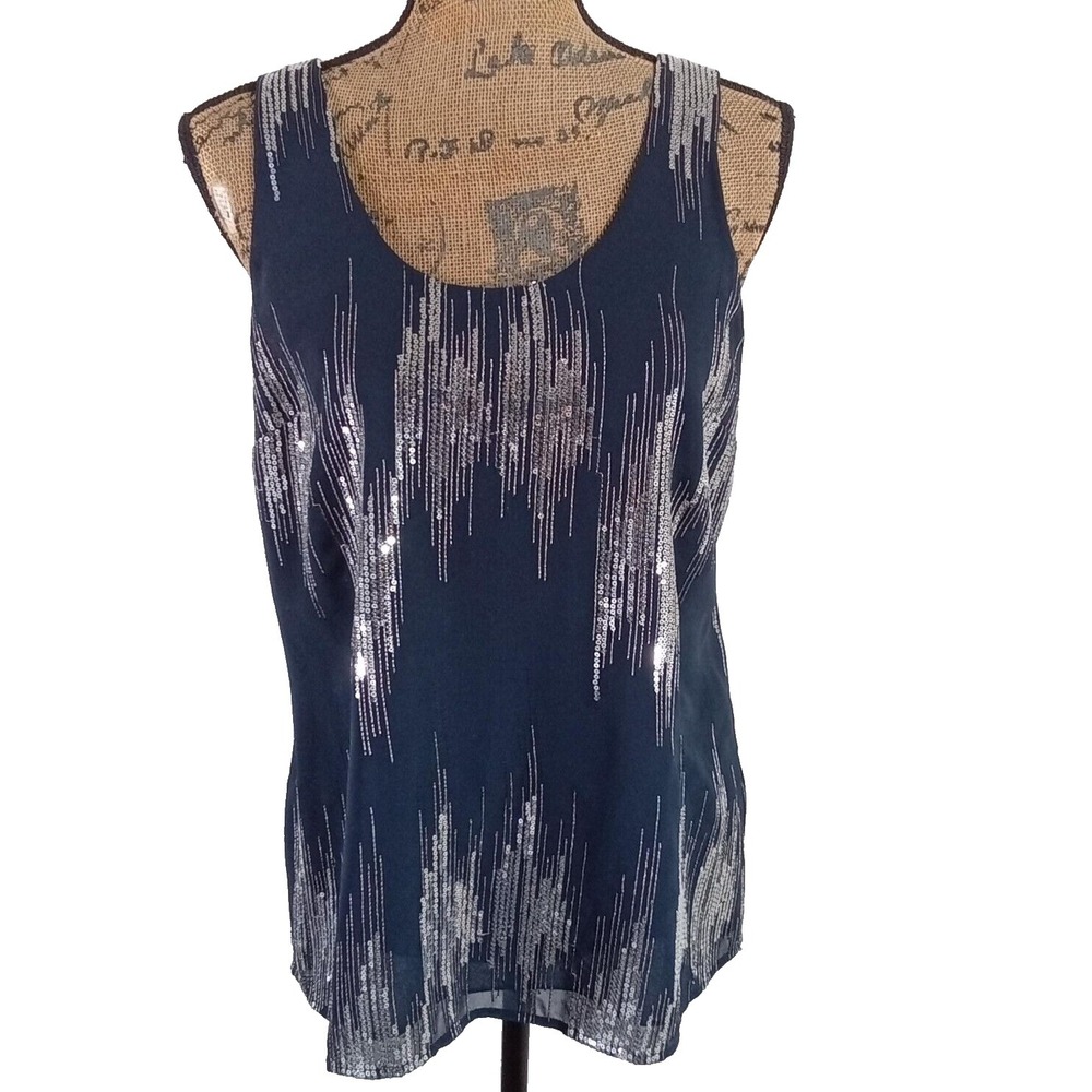 INC International Concepts Blouse Navy Blue Sequins Sleeveless Tank Size 8 Lined